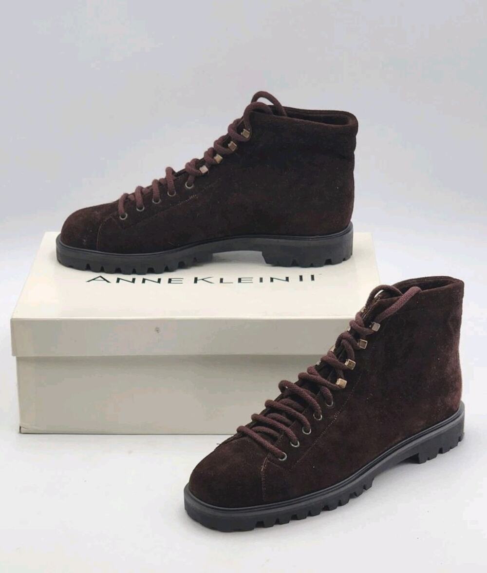 ANNE KLEIN Ander Brown Suede Combat Booties Size 7 Lug Lace-Up Italy New In Box